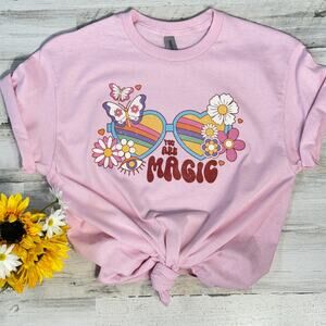 You Are Magic Sunglasses Flower Large Womens Pink T-Shirt with Butterflies